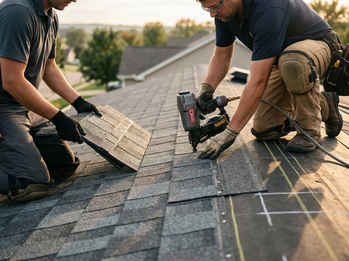 Professional roofer working on a residential roof in Crandall